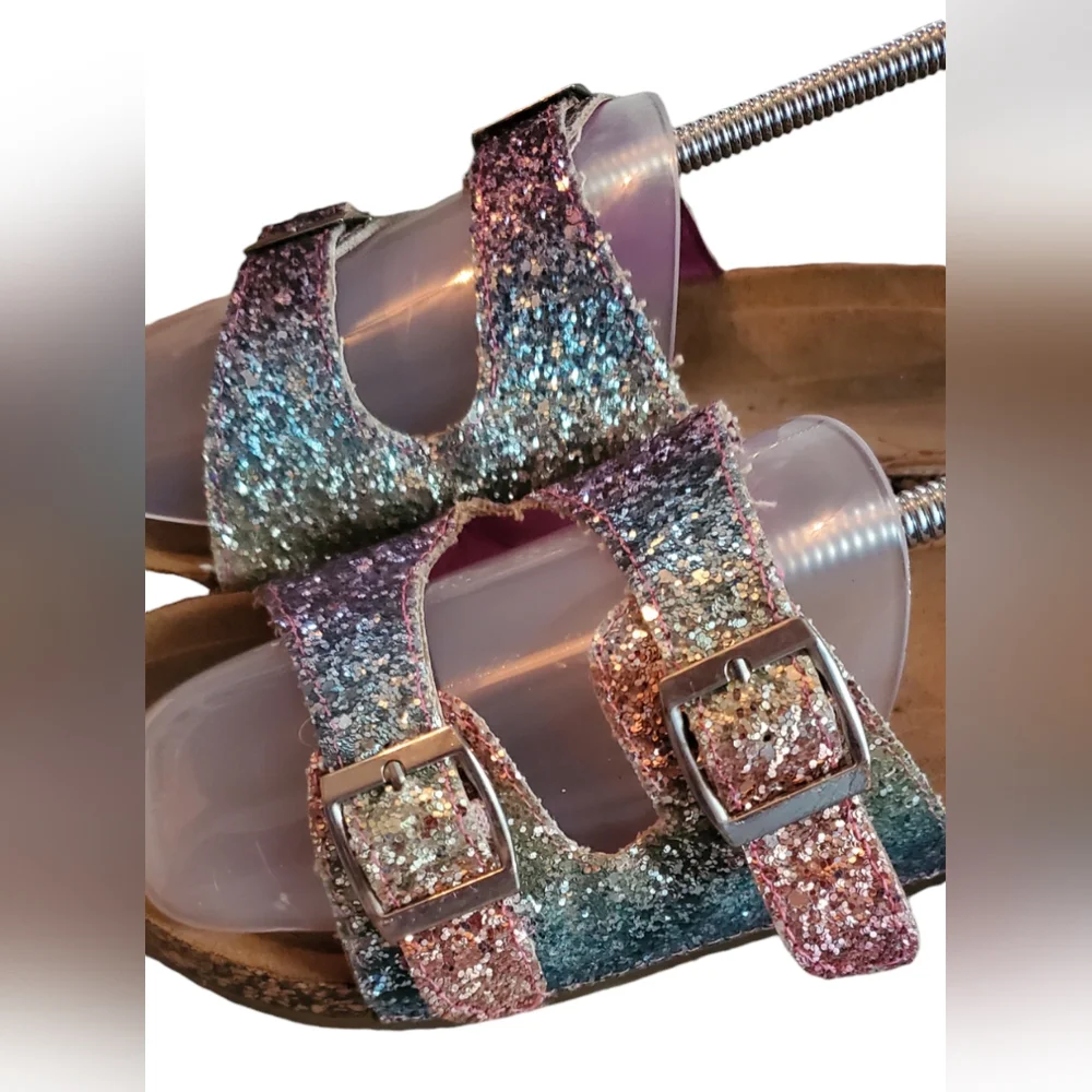 True Craft Youth Girls Rainbow Glitter Slip On Sandals W Adjt‎ Straps Sz 4